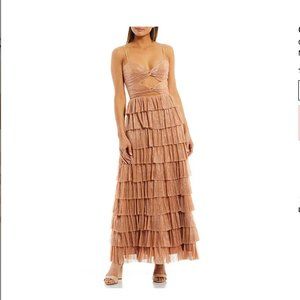 ISO Gianni Bini Grace Sweetheart Neck Tiered Cut Out Gold Metallic Gown Dress